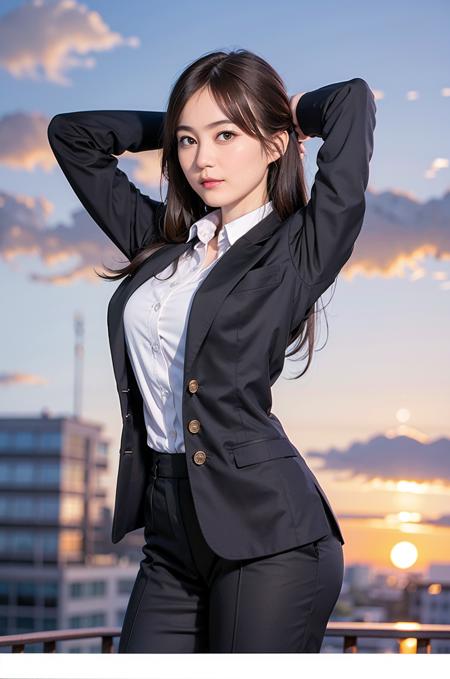 00237-2833386239-1girl,solo, parted lips,  office lady, business suit ,_skyline, cloud,sunset, arms behind head, looking at viewer,      _.png